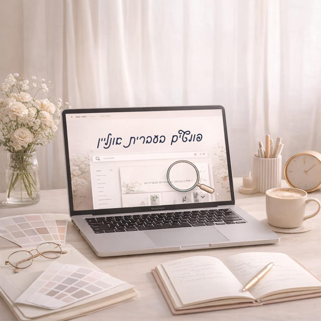 מחשב נייד פתוח, מחברת, עט, משקפיים, פרחים, שעון וספל קפה על שולחן בהיר.