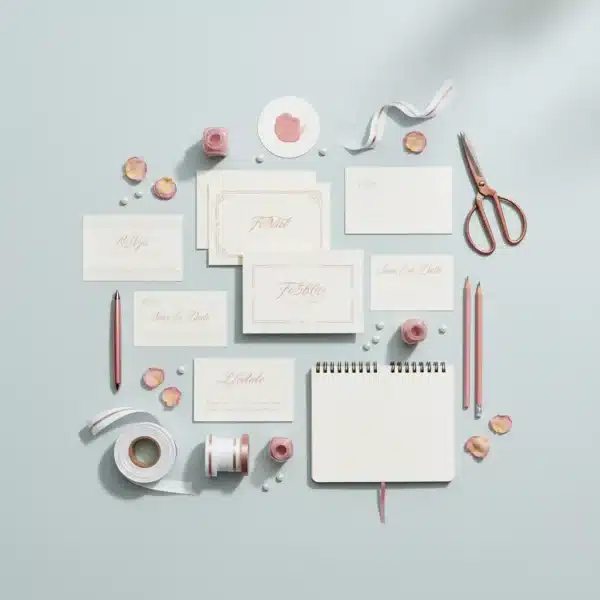 תמונה מלמעלה של נייר מכתבים, מחברת, עפרונות, מספריים, סרט, פנינים ועלי כותרת של ורדים על רקע כחול בהיר.