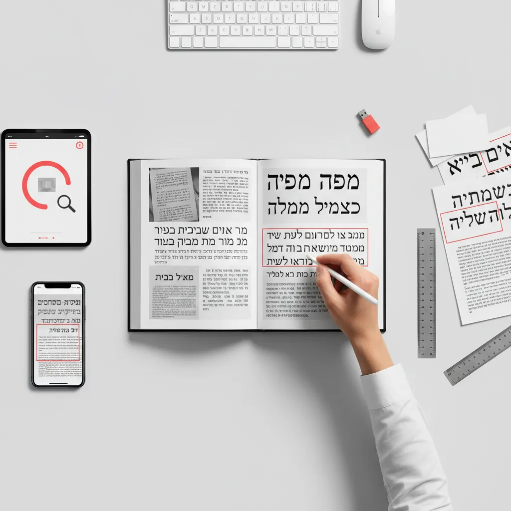 תמונה מלמעלה של שולחן עבודה עם מחשב, טאבלט, טלפון, ספר פתוח, עט, סרגל וניירות עם טקסט בעברית.