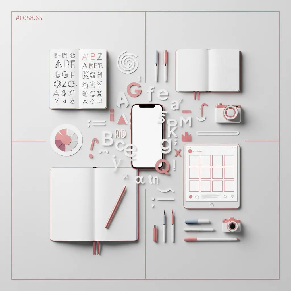 תמונה שטוחה של טלפון, טאבלט, מחברות, עטים, מצלמות וגופנים בצבעי ורוד ולבן על רקע אפור.