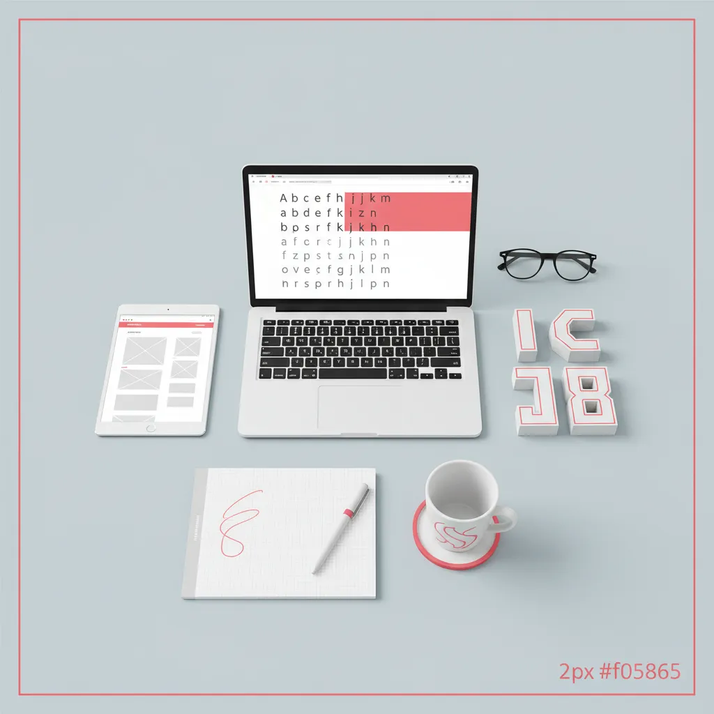 מחשב נייד פתוח, טאבלט, משקפיים, כוס קפה, פנקס ועט על רקע אפור בהיר עם מסגרת ורודה.