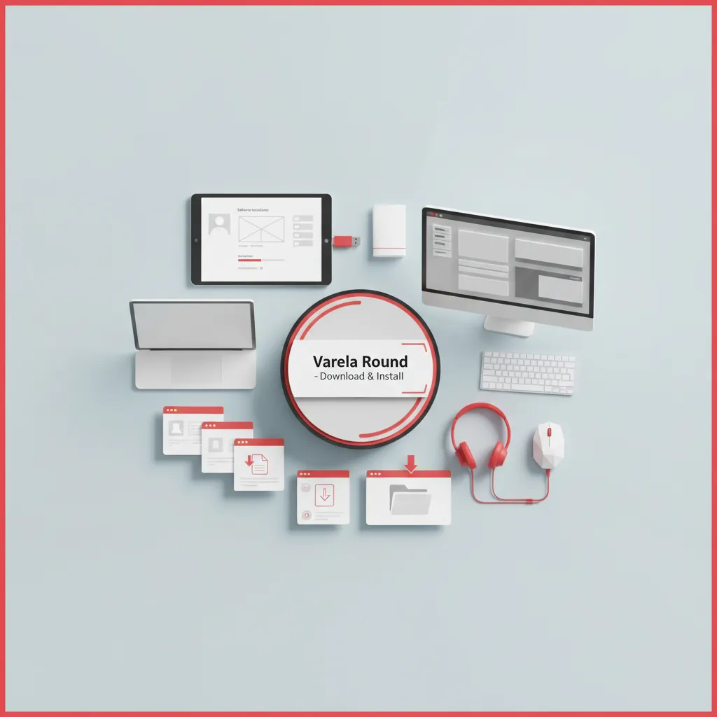 תמונה של מחשב שולחני, מחשב נייד, טאבלט, אוזניות אדומות, עכבר לבן, דיסק און קי, וחלונות הורדה על רקע כחול בהיר.