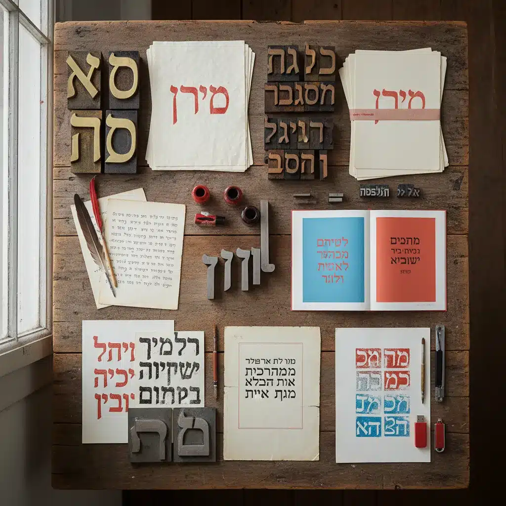 תמונה של שולחן עץ עם כלי כתיבה, גופנים עבריים, דפים מודפסים וספר פתוח עם טקסט בעברית.