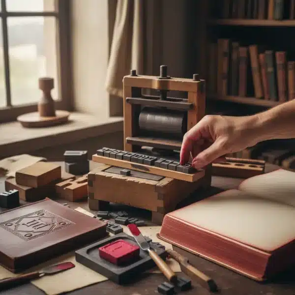 תמונה של מכונת דפוס עתיקה מעץ, ספרים, אותיות בודדות, יד מוכתמת בדיו אדום, וחלון ברקע.