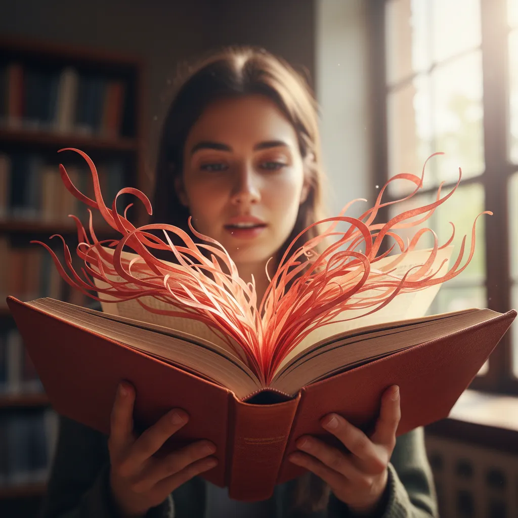 אישה מחזיקה ספר פתוח ממנו יוצאים גלי נייר כתומים. ברקע ספריה וחלון.