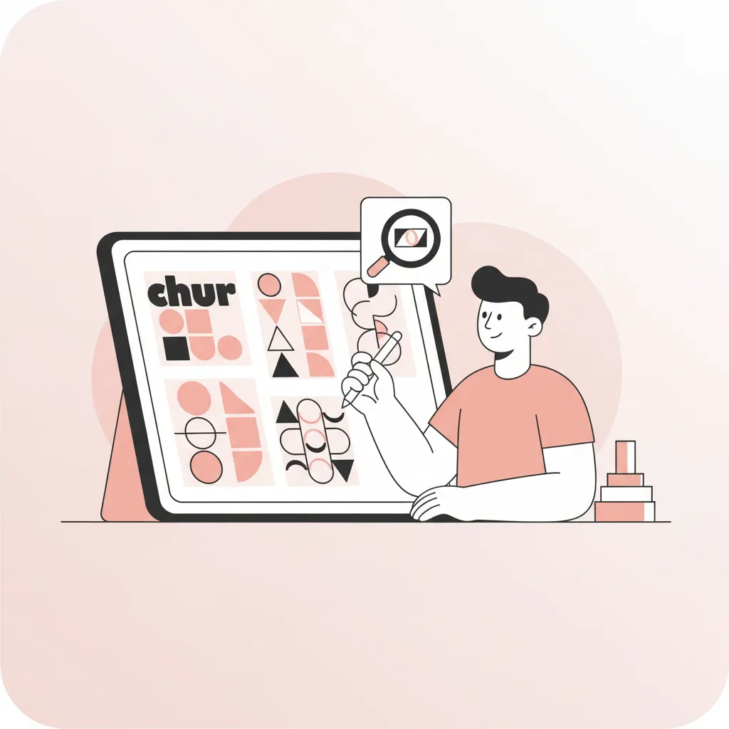 איש מצויר מצביע עם עט על טאבלט עם צורות גיאומטריות, זכוכית מגדלת מעל.