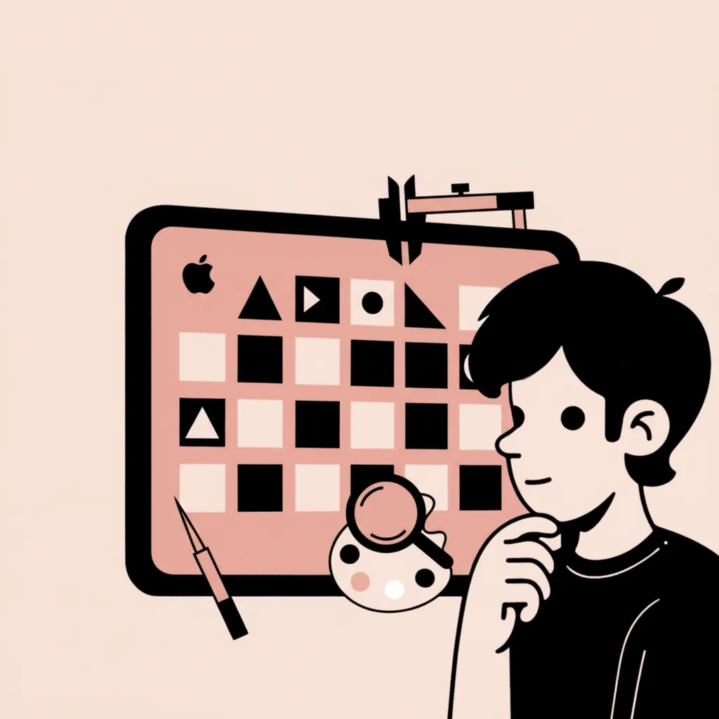 איור של נער שחור שיער מביט בלוח שנה ורוד עם צורות גיאומטריות שחורות ולבנות.