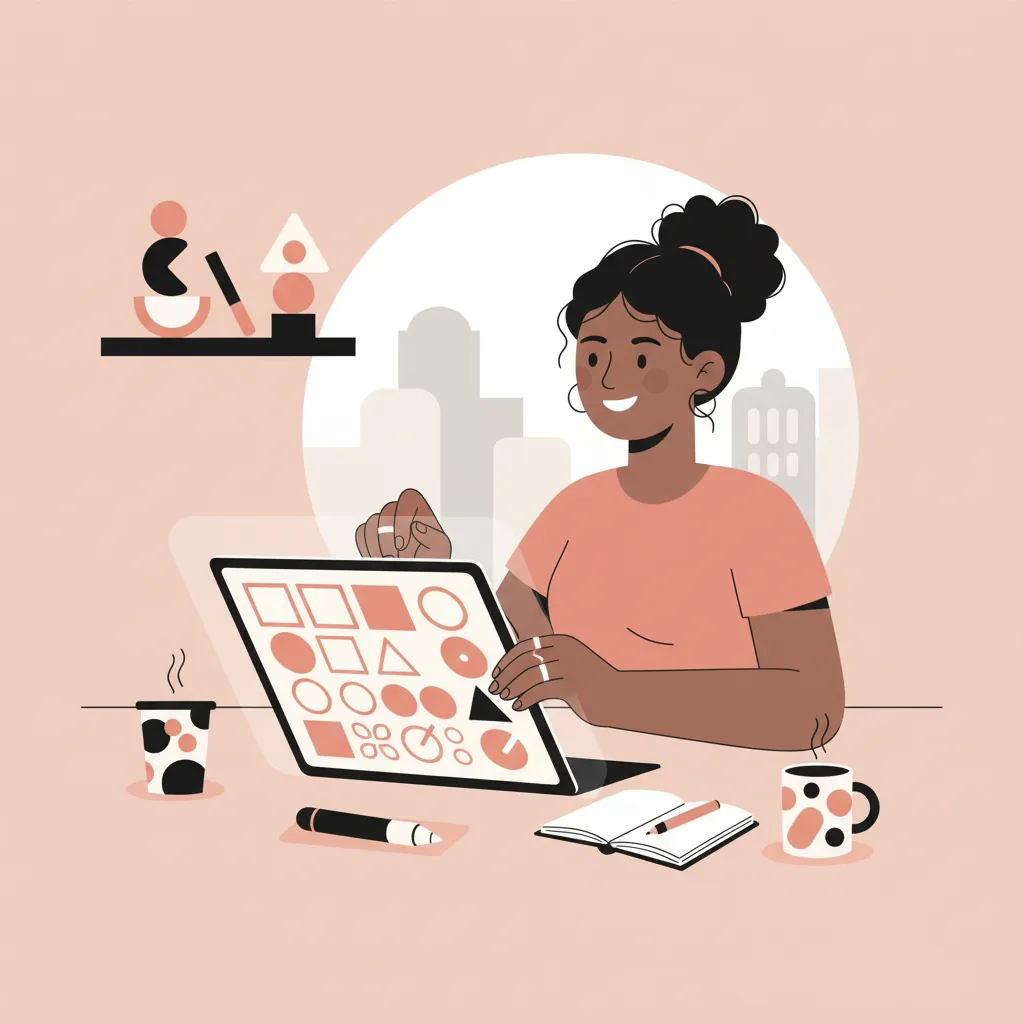 אישה כהה עור מחייכת מול מחשב נייד עם צורות גיאומטריות, כוס קפה, מחברת ועט על שולחן ורוד.