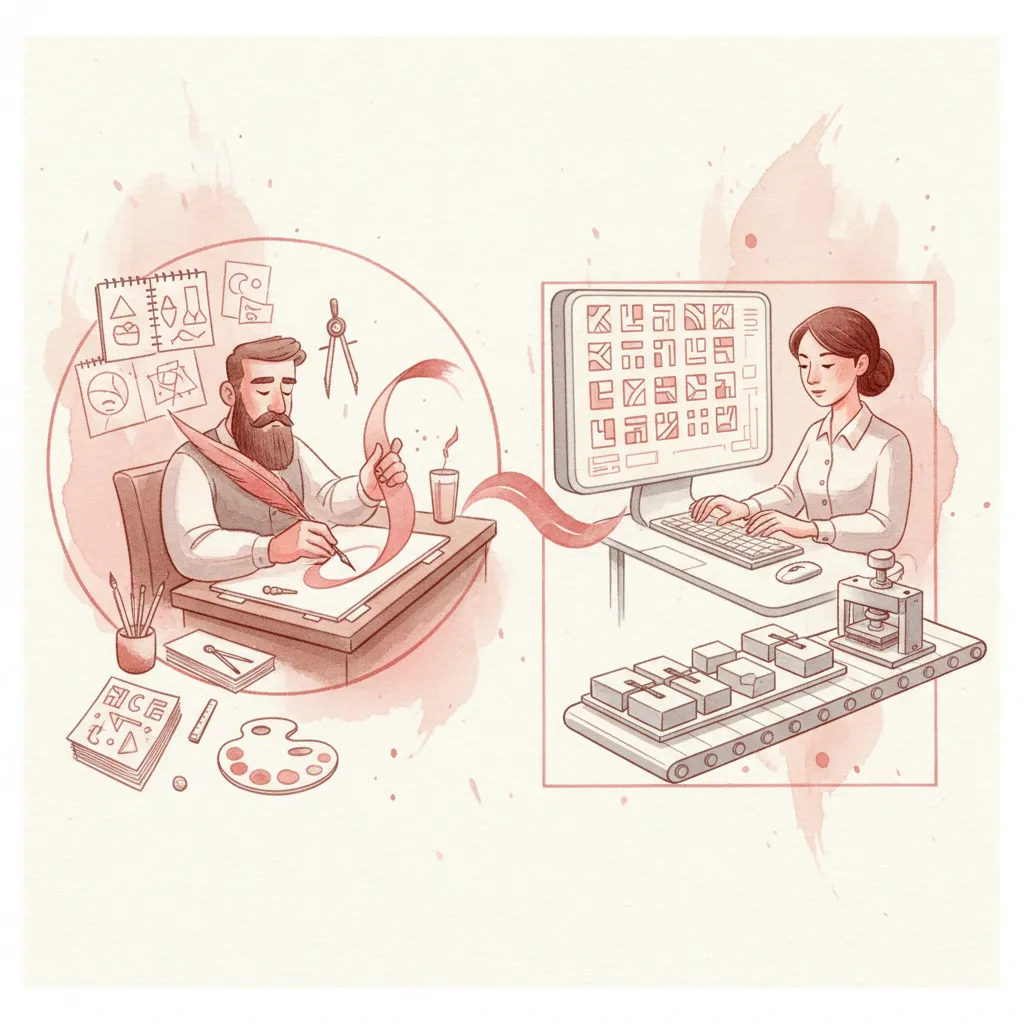 איור בצבעי מים חומים בהיר: גבר כותב עם נוצה, אישה עובדת על מחשב עם סרט נע של קוביות.