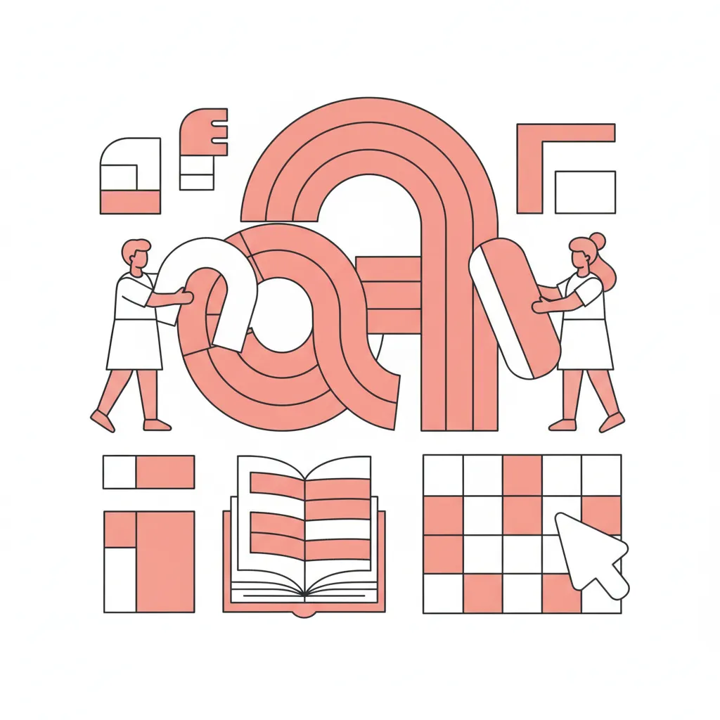 איור וקטורי: שני אנשים מחזיקים חלקי אותיות בצבע כתום בהיר, ספר פתוח, לוח משבצות ועוד צורות גיאומטריות.