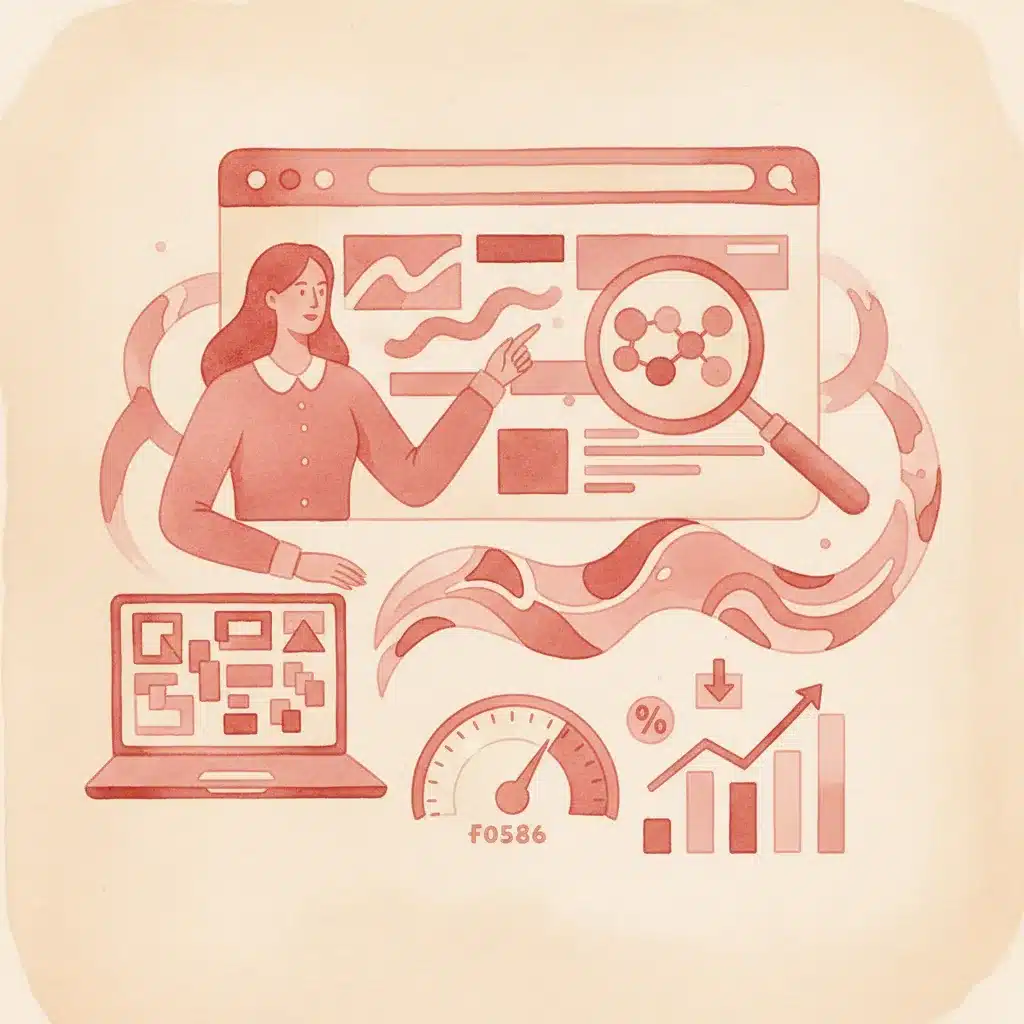 איור בצבעי מים חומים בהיר: אישה מצביעה על גרפים באתר, מחשב נייד, מד מהירות, גרף עולה ומגדיל.