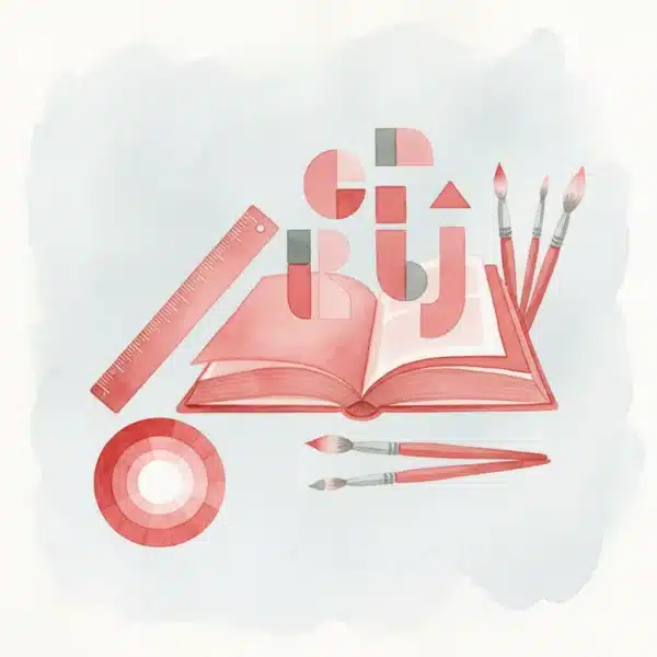 איור בצבעי מים של ספר פתוח, סרגל, גלגל צבעים ומכחולים בגווני אדום ואפור על רקע בהיר.