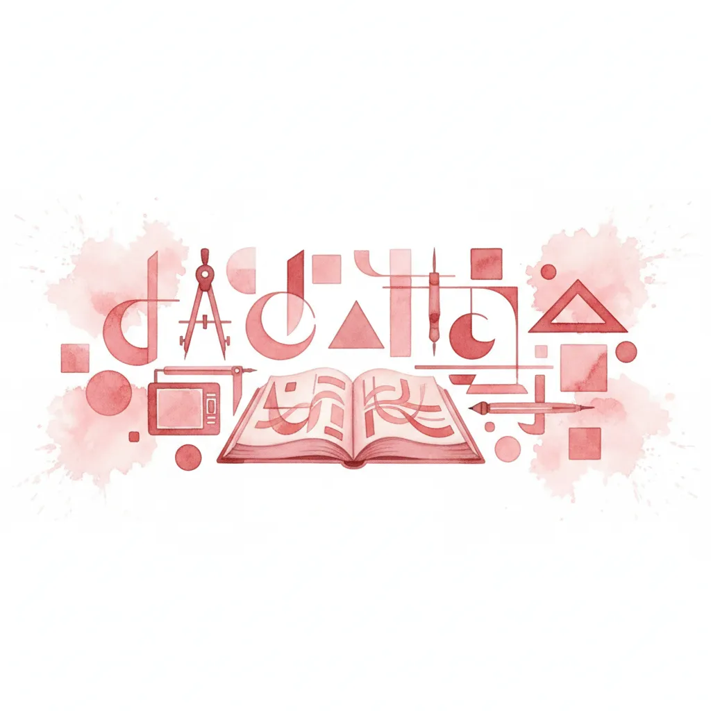 איור בצבעי מים אדומים של ספר פתוח, מחוגה, טאבלט גרפי, עפרונות וצורות גיאומטריות על רקע לבן.