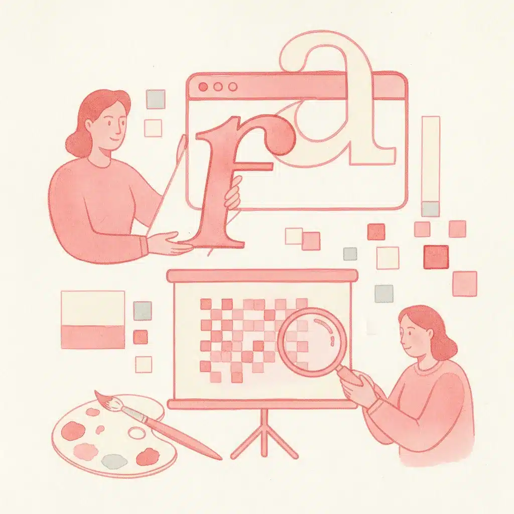 איור בצבעי פסטל: שתי נשים, לוח, פלטת צבעים, זכוכית מגדלת, חלון דפדפן עם אותיות.