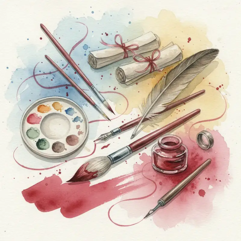 ציור בצבעי מים של מכחולים, קולמוסים, נוצות, מגילות, דיו ופלטת צבעים על רקע צבעוני.