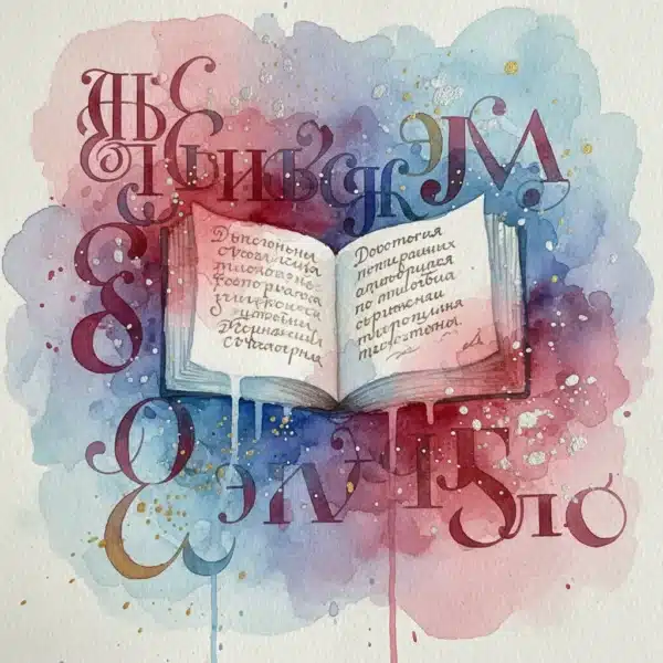 איור בצבעי מים של ספר פתוח עם אותיות קיריליות סביבו, בגווני כחול, אדום וזהב.