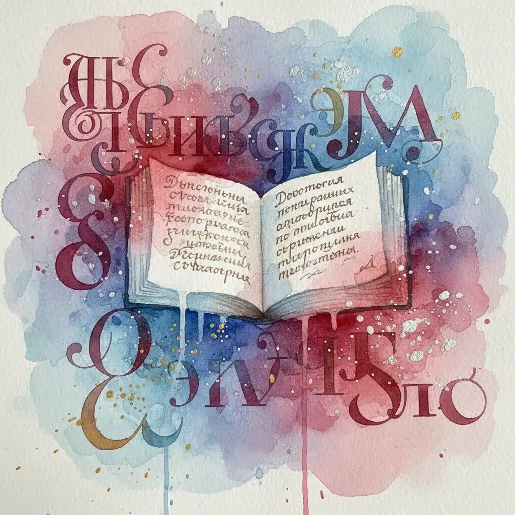 איור בצבעי מים של ספר פתוח עם אותיות קיריליות סביבו, בגווני כחול, אדום וזהב.