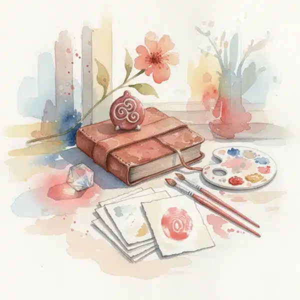 ציור בצבעי מים של ספר חום, פרח, פלטת צבעים, מכחולים, ניירות וקריסטל על רקע חלון.