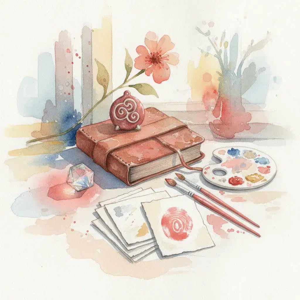 ציור בצבעי מים של ספר חום, פרח, פלטת צבעים, מכחולים, ניירות וקריסטל על רקע חלון.