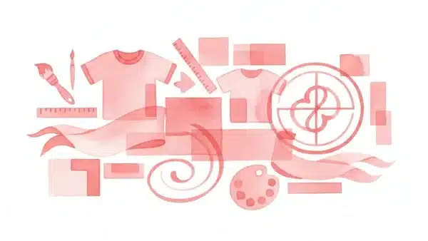 איור בצבעי מים ורודים בהירים של חולצות טי, מכחולים, סרגל, פלטת צבעים, צורות גיאומטריות וסרט.