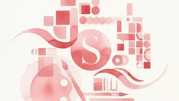 איור בצבעי מים ורודים הכולל צורות גיאומטריות, מברשות צבע, פלטה, סרגל ואת האות S.